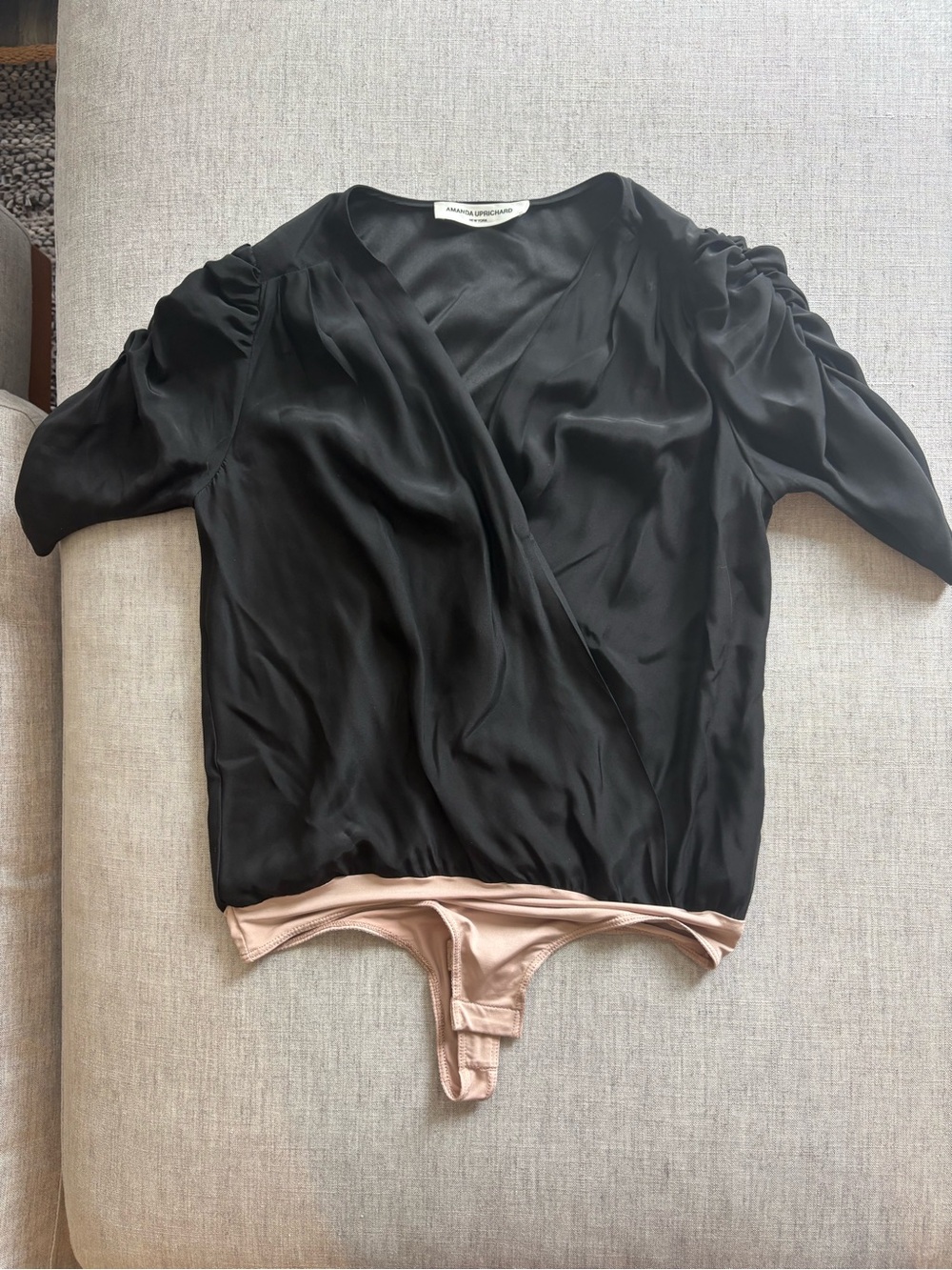 NEVER WORN Amanda Uprichard Black 100% Silk Wrap-Front Bodysuit w/ Neutral Trim